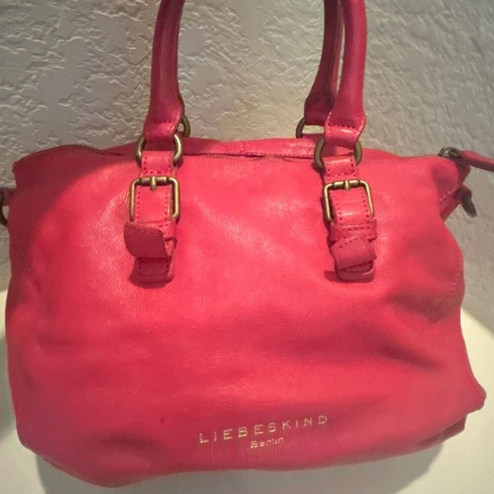 Liebeskind Berlin Satchel Handbag Raspberry Red Leather Top Handle Two Way Purse - Picture 2 of 14